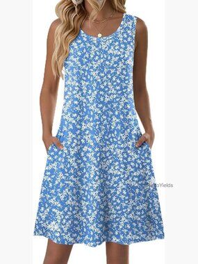 Sleeveless Floral Tshirt Sundress with Pockets Loose Fit Casual Beach Dress